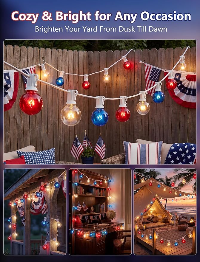 25FT G40 Red White and Blue Lights, 4th of July Outdoor String Lights with 27 Shatterproof G40 Bulbs(2 Spare), Independence Day for Patriotic Party Patio Garden Backyard Decor, 5W