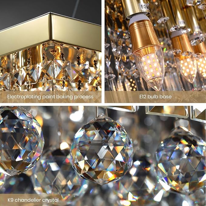 7PM Rectangle K9 Crystal Chandelier Modern Gold Crystal Chandelier Rectangular Pendant Lighting Fixture for Dining Room Kitchen Island Bedroom L40'' x W10'' x H10''
