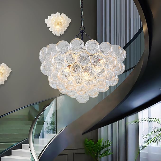 Hand Blown Glass Bubble Ball Chandelier Black Finish 32" Pendant Light Fixture Art Deco Cluster Ribbed Glass Swirled Globe Lighting for Bedroom Dining Room Restaurant Bathroom Entry
