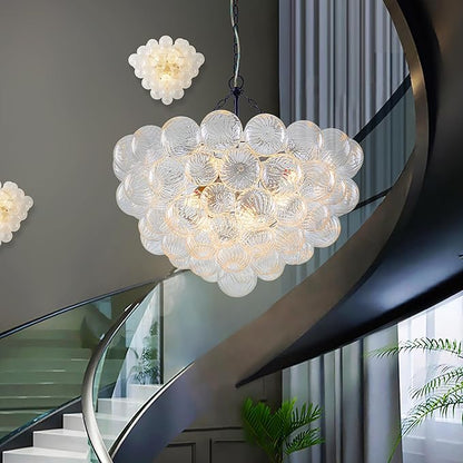 Hand Blown Glass Bubble Ball Chandelier Black Finish 32" Pendant Light Fixture Art Deco Cluster Ribbed Glass Swirled Globe Lighting for Bedroom Dining Room Restaurant Bathroom Entry