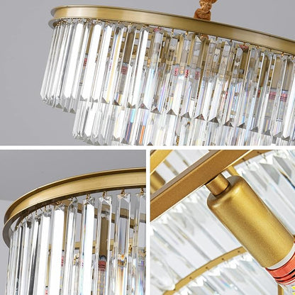 Gold Modern Crystal Chandelier, 4-Tier Round Flush Mount Ceiling Light Fixtures Height Adjustable Pendant Lighting for Dining Room Living Room Bedroom Kitchen Hotel Foyer