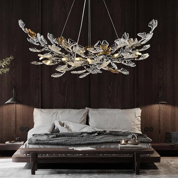 Modern Chandeliers for Dining Room，AioTio L47.2''Long Unique Glass Ginkgo Leaf Dining Chandeliers Over Table,Large Rectangle Tree Branch Ceiling Hanging Black Chandelier for Living Room,Kitchen Island