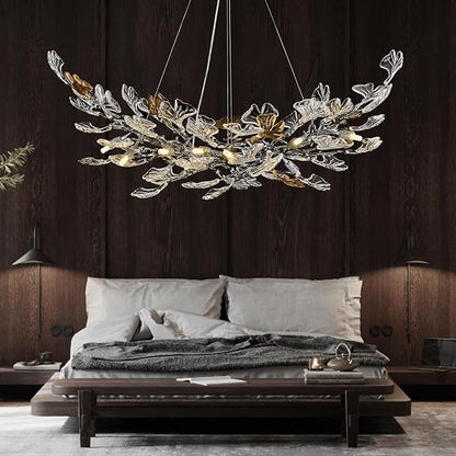 Modern Chandeliers for Dining Room，AioTio L47.2''Long Unique Glass Ginkgo Leaf Dining Chandeliers Over Table,Large Rectangle Tree Branch Ceiling Hanging Black Chandelier for Living Room,Kitchen Island
