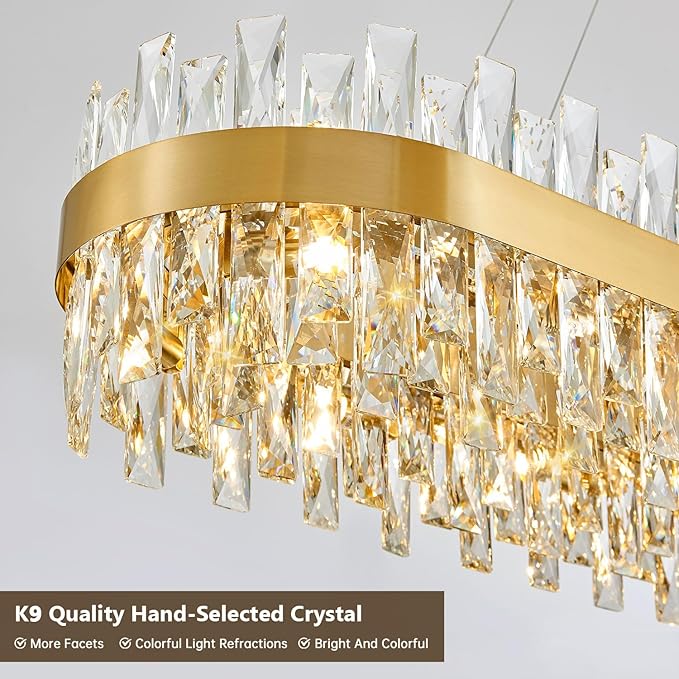 Modern Brass Gold Crystal Chandelier, Rectangle K9 Crystal Raindrop Chandelier Lights, Contemporary Ceiling Hanging Light Fixtures for Kitchen Island Dining Room, Length 35.4 inches