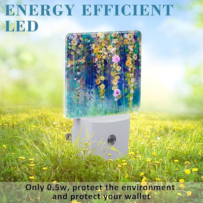 Abstract Ivy Flowers Watercolor Painting Night Light Plug into Wall with Dusk to Dawn Sensor Cute Nightlight for Kid Girls Boys Women Room Decor, Hallway, Kitchen, Bathroom, Nursery, Stairs