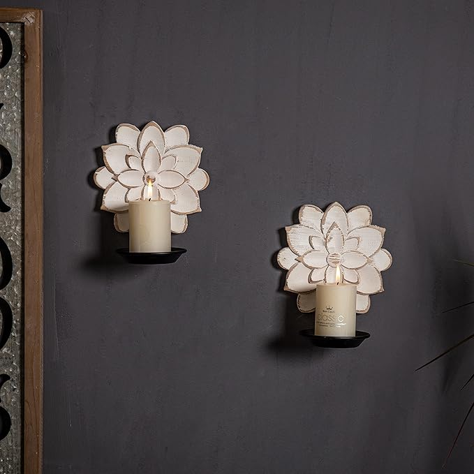 Farmhouse Candle Sconces Set of Two, Handcarved Wall Candle Holders Decorative, Flower Pattern, Distressed Finish Rustic Candle Holder Wall Decor for Living Room, Hallway