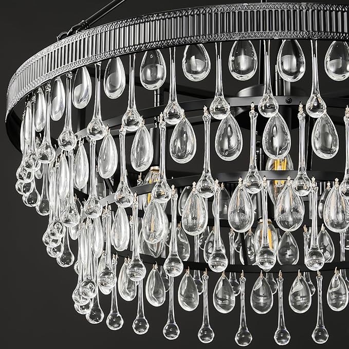Black Modern Raindrop Crystal Chandelier: 28" Round K9 Crystals Contemporary Chandeliers for Dining Room Lights over Table - Adjustable Large Light Chandelier for Bedroom Living Kitchen Entryway Foyer