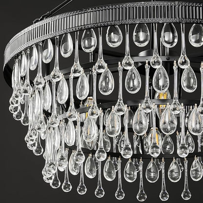 Black Modern Raindrop Crystal Chandelier: 28" Round K9 Crystals Contemporary Chandeliers for Dining Room Lights over Table - Adjustable Large Light Chandelier for Bedroom Living Kitchen Entryway Foyer