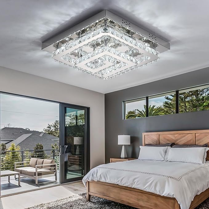 25" Crystal Chandelier with Remote/App Control, 3 Color Temperature Light Fixture & Brightness Adjustable, Modern Flush Mount LED Ceiling Light Fixture for Living Room Kitchen Hallway Dining Room