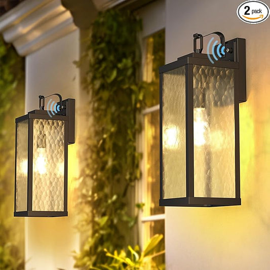 DORESshop Large Size Dusk to Dawn Outdoor Wall Lights, 16 Inch Matte Black Waterproof Anti-Rust Outdoor Light Fixtures Wall Mount with Water Ripple Glass Shade for Porch, Garage, ETL Listed, 2 Pack