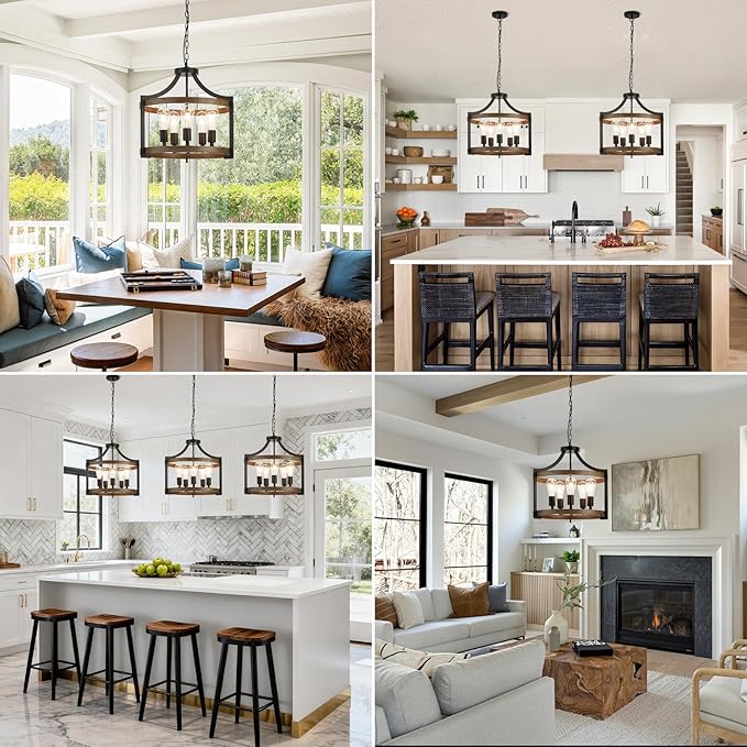 5-Light Farmhouse Chandelier, 20" Black Metal Faux Wood Pendant Light Fixtures, Hanging or Semi Flush Mount Rustic Chandelier for Dining Room, Foyer, Living Room, Kitchen