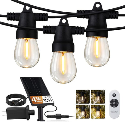 Brightech Ambience Hybrid Outdoor String Lights - Dual Plug and Solar Powered Waterproof LED Light String for Outside - Dimmable Soft White Edison Bulbs for Camping, Patio, Cafe, Yard - 48ft, 4W