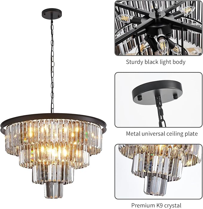 24'' Smoke Gray Crystal Chandelier Black Modern Luxury Light Fixture for Dining Room 4-Tier Round Hanging Pendant Ceiling Lighting for Entryway Foyer Living Room Bed Room Adjustable Height