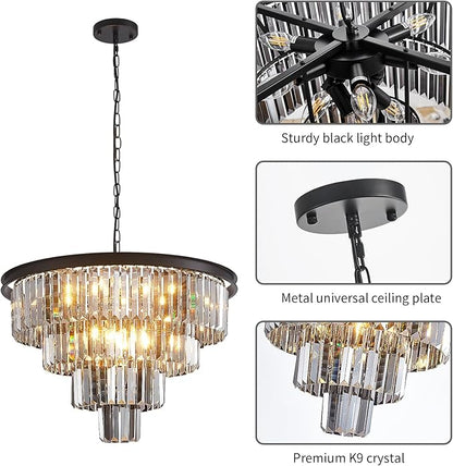 24'' Smoke Gray Crystal Chandelier Black Modern Luxury Light Fixture for Dining Room 4-Tier Round Hanging Pendant Ceiling Lighting for Entryway Foyer Living Room Bed Room Adjustable Height
