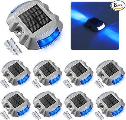 VOLISUN Solar Deck Lights Driveway Dock Lights, 8-Pack Led IP68 Waterproof Outdoor Warning Step Lights for Driveway Sidewalk Garden Pathway Yard (Blue, Auto On/Off