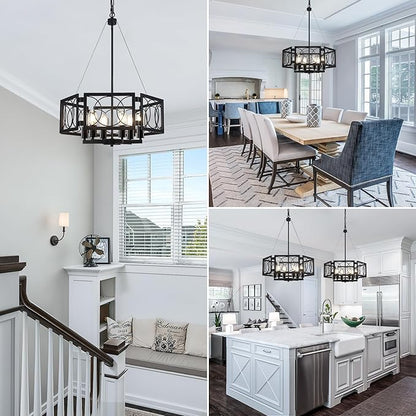 22.83'' Black Farmhouse Chandelier for Dining Room, Large Modern Industrial Geometric Pendant Lighting Fixture Adjustable Hanging Lights for Kitchen Island Foyer Hallway