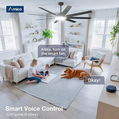 Amico Ceiling Fans with Lights, 72 inch Smart Ceiling Fan Compatible with Alexa/App/Remote Contro,Reversible DC Motor, 6 Speeds, Dimmable 3CCT LED, Quiet Indoor/Outdoor for Living Room, Great Room