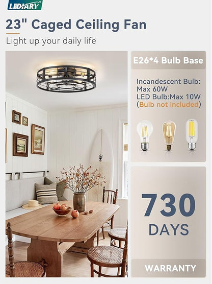 LEDIARY 23" Caged Ceiling Fan with Light and Remote, Low Profile Flush Mount Fandelier, Black Bladeless Enclosed Small Fan Lights Ceiling Fixtures, Rustic Farmhouse Style for Bedroom, Outdoor
