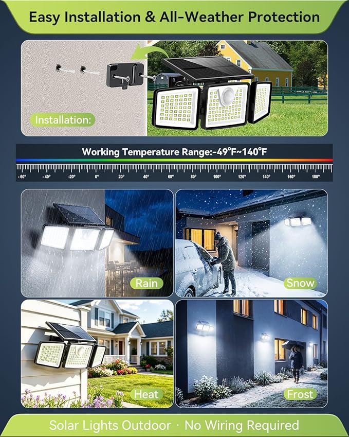 daphino 2500LM Solar Lights Outdoor with Motion Sensor,3 Head 270° Wide Angle Street Area Lights,IP65 Waterproof Security Lighting with 3 Modes(Remote,4 Pcs)