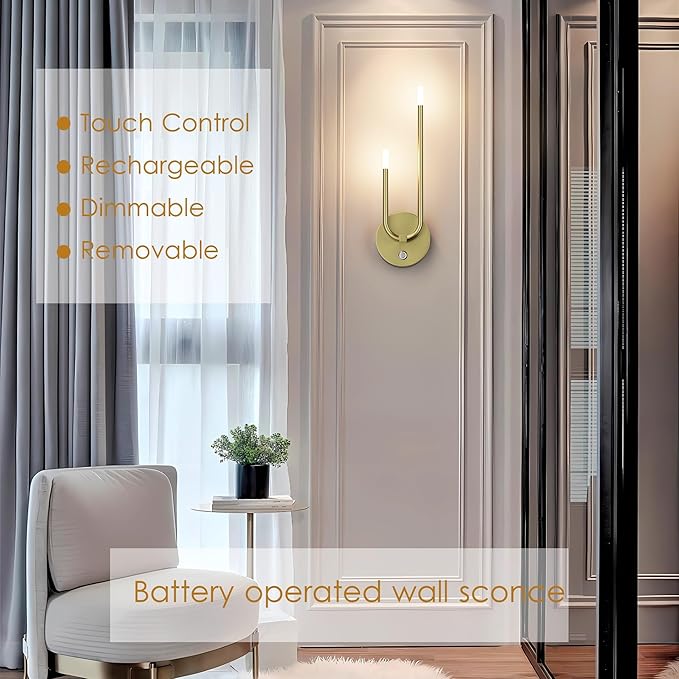 Aipsun Gold Battery Operated Wall Sconce Set of 2, Modern LED Rechargeable Wall Sconce Stepless Dimming Wireless Wall Lights for Bedroom,Living Room,Hallway Warm Light 3000K