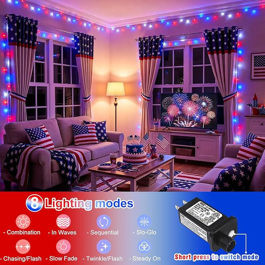 Red White and Blue String Lights, 66FT 200 LED 4th of July Lights Outdoor Waterproof with 8 Modes, Twinkle Fairy Light for Indoor Independence Memorial Day House Holiday Decorations