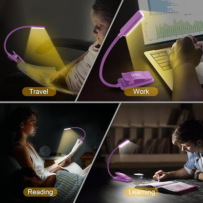Gritin 9 LED Rechargeable Book Light for Reading in Bed - Eye Caring 3 Color Temperatures,Stepless Dimming Brightness,80 Hrs Runtime Small Lightweight Clip On Book Reading Light-Dark Purple