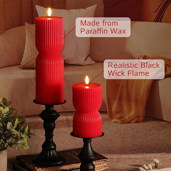 Red Ribbed Fluted Flameless Pillar Candles with Remote, Battery LED Wax Candles Flickering Home Aesthetics Decor Gift Set of 2