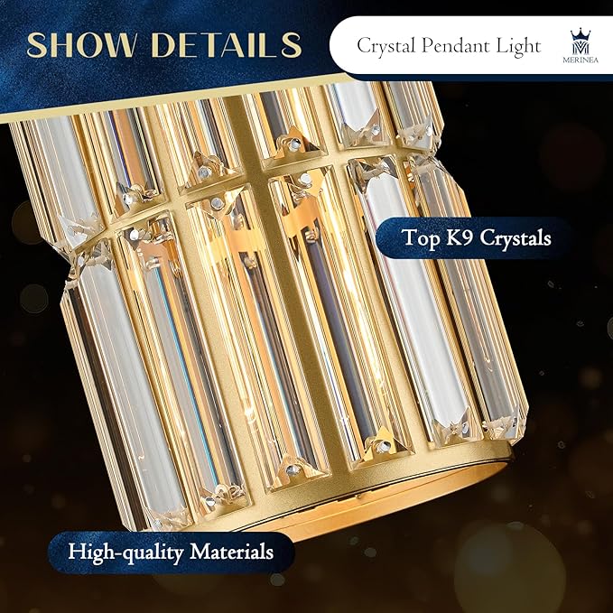 Gold Crystal Pendant Light for Kitchen Island, Modern Mini Hanging Chandelier with K9 Prism Crystals, Luxury Brass Pendant Lighting Fixture for Dining Room, Bedroom, Bathroom, Bar