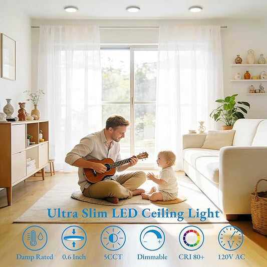 LALUZ 7-Inch LED Flush Mount Ceiling Light, 5 CCT Selectable (2700K–5000K), 12W Ultra-Slim Round Flat Panel Light, Low Profile for Kitchen, Bedroom, Bathroom, Closet, White