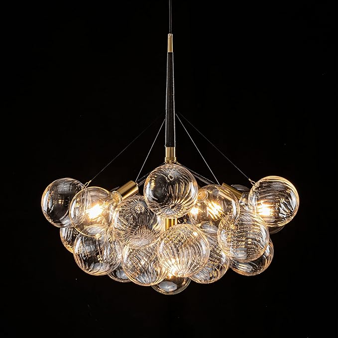 Longree Bubble Ball Glass Chandelier Black and Gold, 24 inches Swirled Blown Glass Globe Cluster Pendant Light Fixture for Bedroom Island Restaurant