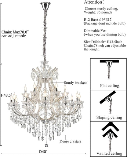 Large Luxurious Crystal Chandeliers Transparent 19 Lights,Modern K9 Crystal Chandelier Light Fixture for Living Room, Kitchen, Dinning Room, Foyer stairwell (19 Lights 2-Tier)