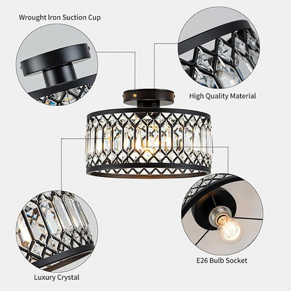 Rpzloila Crystal Ceiling Light Fixture, Modern Flush Mount Ceiling Light, Black Crystal Chandelier for Kitchen Bedroom Bathroom Entryway Hallway