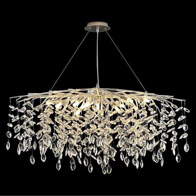 Modern Silver Crystal Tree Branch Chandelier, Rectangle Linear Art Deco Raindrop Lighting Fixture for Dining Room Living Room 12 Lights L40''