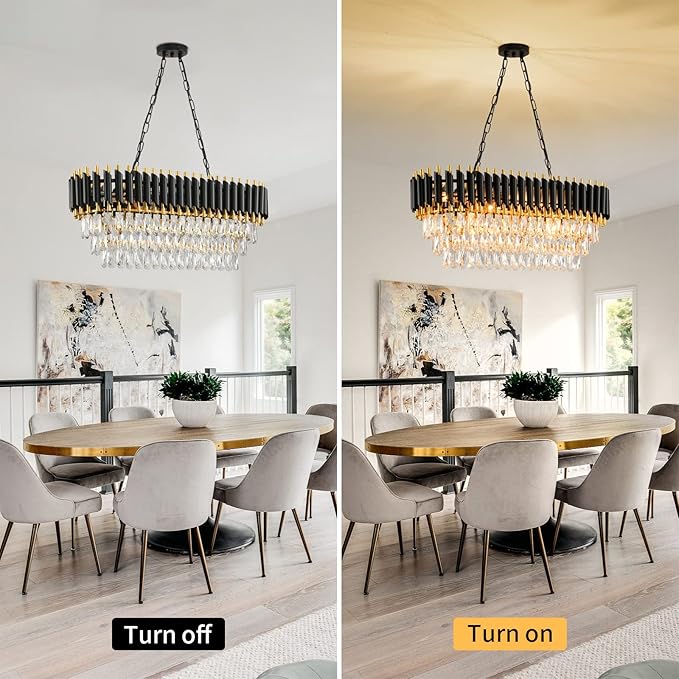 Modern Crystal Chandeliers for Dining Room 8-Light Black and Gold Chandelier Living Room Oval Contemporary Ceiling Hanging Light Pendant Light Fixture for Kitchen Island Bar L32 inch