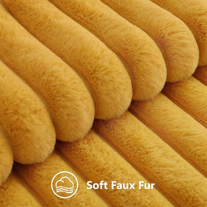 decorUhome Summer Cozy Faux Fur Throw Pillow Covers 12x20 Set of 2 Decorative Plush Striped Lumbar Modern Farmhouse Boho Couch Pillow Cases with Velvet Back for Sofa Bed Living Room, Mustard Yellow