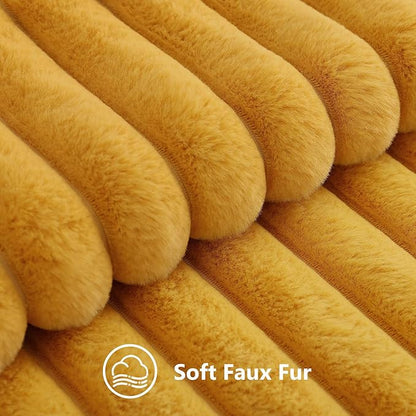 decorUhome Summer Cozy Faux Fur Throw Pillow Covers 12x20 Set of 2 Decorative Plush Striped Lumbar Modern Farmhouse Boho Couch Pillow Cases with Velvet Back for Sofa Bed Living Room, Mustard Yellow