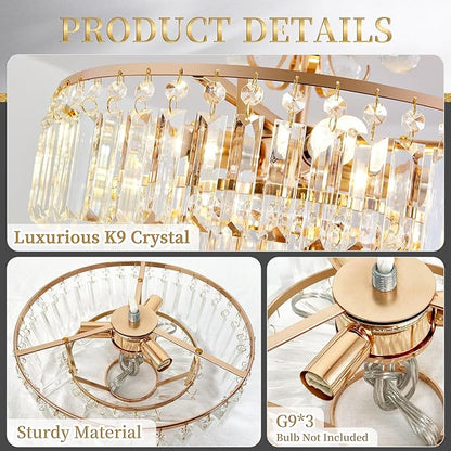 3-Light Gold Crystal Chandelier,Modern 3 Tier Semi Flush Mount Chandelier with G9 Base,Height Adjustable for Farmhouse Living Room Dining Room Bedroom Kitchen Corridors