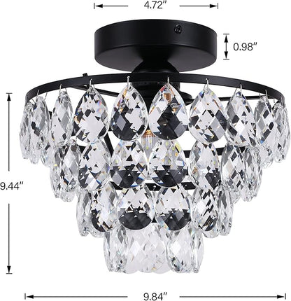 Luupyia Mini Crystal Chandelier Ceiling Light Small, Modern Crystal Ceiling Light for Hallway Overhead Fixtures Semi Flush Mount Mini Black Chandelier for Bedroom Hall Living Room Hallway