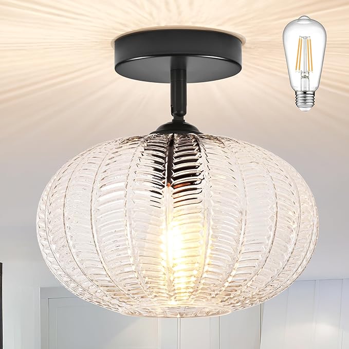 Bagood Black Semi Flush Mount Ceiling Lights Fixture Farmhouse Globe Glass Mid Century Light Fixtures Textured Glass Hallway Lights Fixtures Vintage Ceiling Light for Bathroom Entryway(Bulb Incl.)