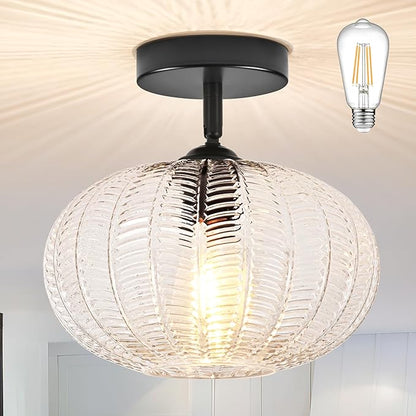 Bagood Black Semi Flush Mount Ceiling Lights Fixture Farmhouse Globe Glass Mid Century Light Fixtures Textured Glass Hallway Lights Fixtures Vintage Ceiling Light for Bathroom Entryway(Bulb Incl.)