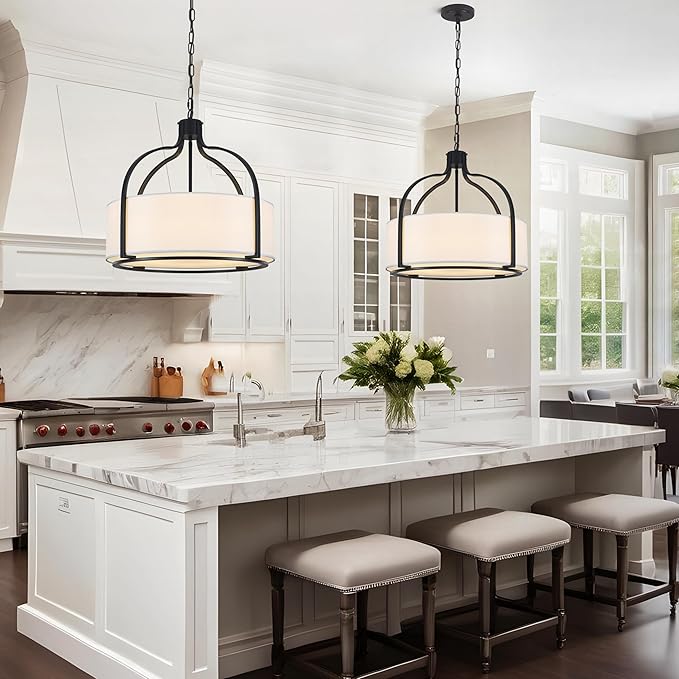 20.5'' Modern Black Drum Chandelier, 5-Light Large Farmhouse Chandeliers for Dining Room Hanging Light Fixture Drum Pendant Light with White Fabric Shade for Kitchen Living Room Foyer Entryway Bedroom