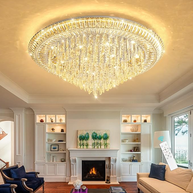 Modern LED Crystal Chandelier for Living Room Dimmable Large Ceiling Light Fixture Round Raindrop Chandeliers for Dining Room Entryway Bedroom Foyer Silver