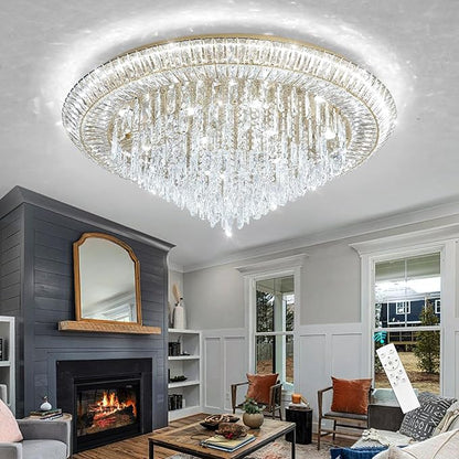 Modern LED Crystal Chandelier for Living Room Dimmable Large Ceiling Light Fixture Round Raindrop Chandeliers for Dining Room Entryway Bedroom Foyer Gold