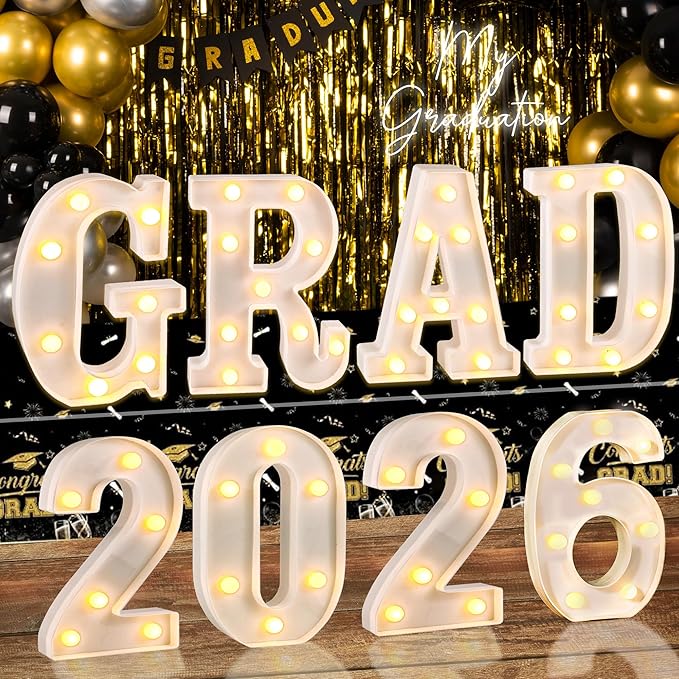 Graduation Decorations 2026, 8 Pcs Marquee Light Up Letter Grad 2026 Sign, Graduation Centerpieces for Table, Class of 2026 Decorations for College High School, Lighted Grad Party Decor