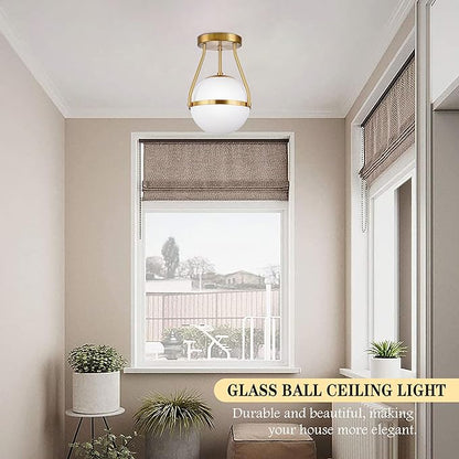 Bagood 8 Inch Mid Century Ceiling Light Modern Semi Flush Mount Ceiling Light Fixture Globe Ceiling Light Fixture with Milk Glass Shade Brass Finish for Kitchen Island Hallway Living Room (Bulb Incl.)