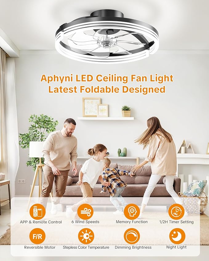 Ceiling Fans with Lights and Remote Low Profile Flush Mount LED Ceiling Fan with Lights 3000K-6500K Dimmable Foldable Fandelier Light 6 Wind Speeds Night Light for Bedroom Living Room Black Striped