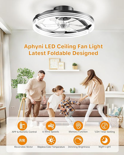 Ceiling Fans with Lights and Remote Low Profile Flush Mount LED Ceiling Fan with Lights 3000K-6500K Dimmable Foldable Fandelier Light 6 Wind Speeds Night Light for Bedroom Living Room Black Striped