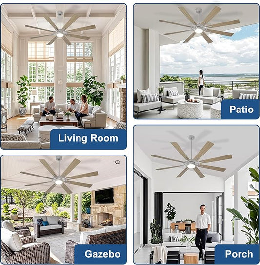 Large Ceiling Fans with Lights: Modern 72 Inch 8 Blade Outdoor Ceiling Fan with Remote APP Control - Dimmable Wood Big Fan light Indoor Reversible 6 Speed Quiet DC Motor