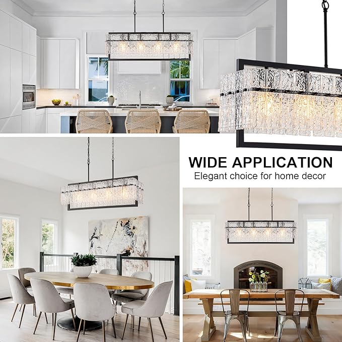 Modern Large Rectangle Chandeliers for Dining Room, 4 Lights Black Crystal Kitchen Island Lighting with Water Ripple Glass, Linear Farmhouse Pendant Light Fixture Over Table UL Listed