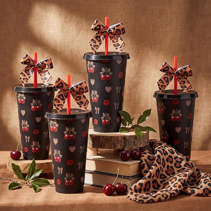 12 Sets Cherry Cheetah Print Party Supplies 24 oz Reusable Cherry Leopard Print Party Plastic Cup and Cheetah Bow Bulk Let's Get Wild Themed Drinking Cup for Birthday Baby Shower Decoration